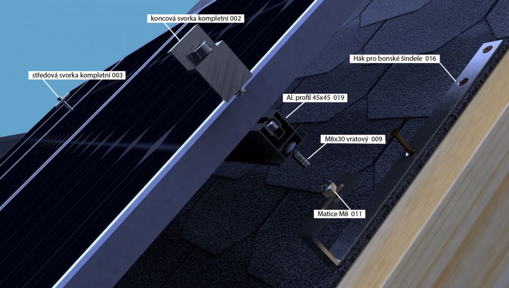 ALOKON Nosná konstrukce FV panelu – šikmá střecha – šindel Konfigurace: 10 panelů, na výšku