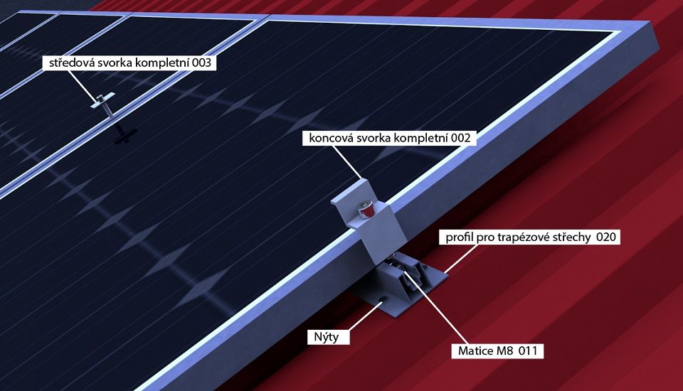 ALOKON Nosná konstrukce FV panelu – šikmá střecha – trapezový plech Konfigurace: 10 panelů, na výšku